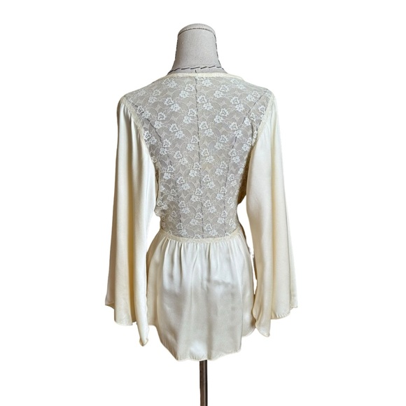 Vintage 70s Cream Satin Lace Wrap Top Blouse Jacket Boho Lingerie Bell Sleeves - Picture 7 of 13